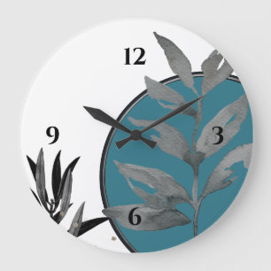 White Turquoise & Gray Artistic Watercolor Leaves Große Wanduhr