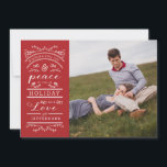 White Typografy Red Christmas Foto Card Feiertagskarte<br><div class="desc">Wünschen Sie Familie und Freunde "Freude und Frieden" diesen Urlaub mit Ihrem Foto,  Nachname und Jahr. Jetzt mit gemustertem Backer verfügbar.</div>