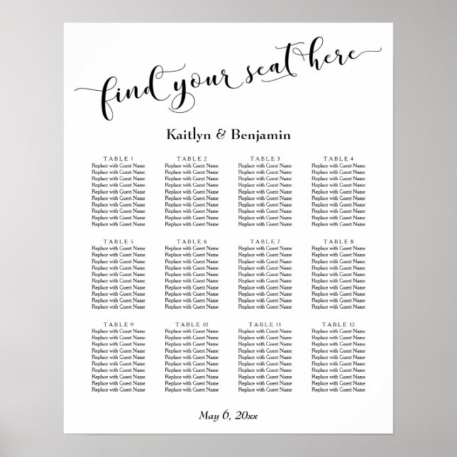 White Typografy Wedding Reception Seating Chart Poster (Vorne)