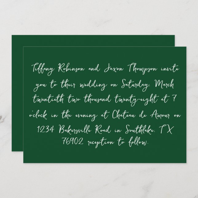 \White und Forest Green Handwriting Style Wedding Einladung (Vorne/Hinten)