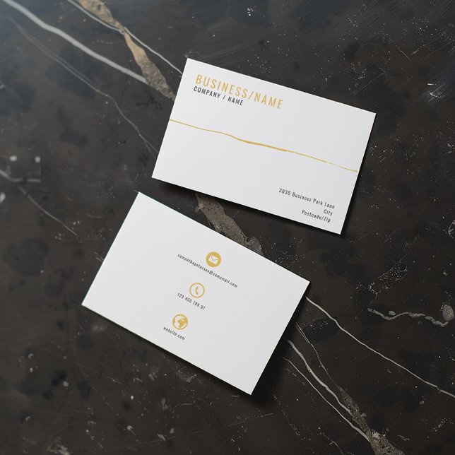 White und Gold Icons Strip Visitenkarte (White and gold business card. Professional business card with 3 bold and simple icons on the back.)