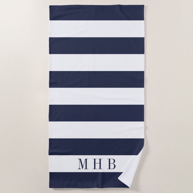 White und Midnight Blue Strip und Monogram Strandtuch (Vorderseite)