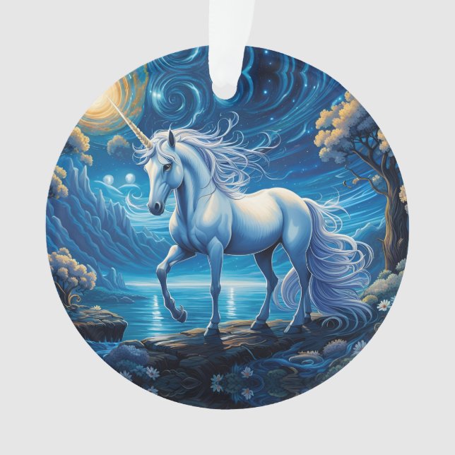 White Unicorate Fantasy Full Moon Ornament (Vorderseite)
