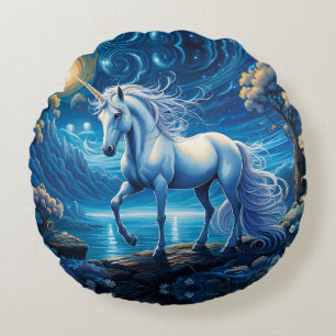 White Unicorate Fantasy Full Moon Rundes Kissen