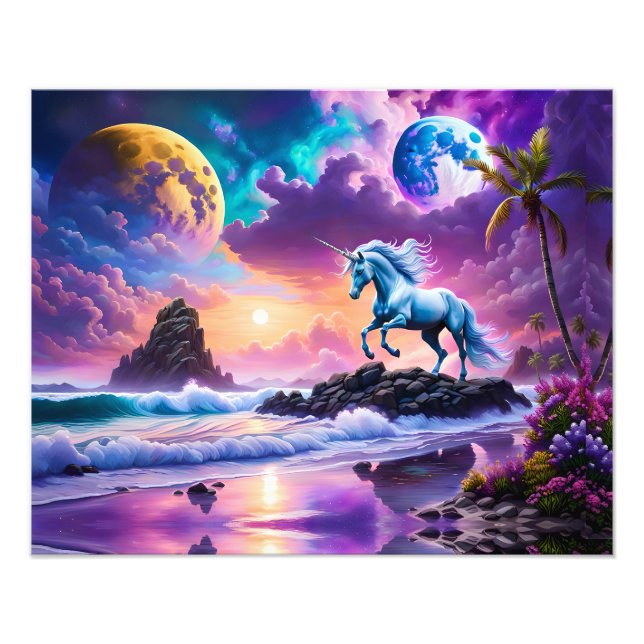 White Unicorn Fantasy Tropical Beach Fotodruck (Vorne)