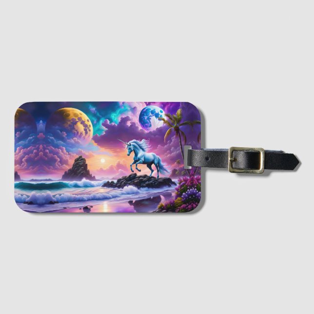 White Unicorn Fantasy Tropical Beach Gepäckanhänger (Vorderseite (Horizontal))