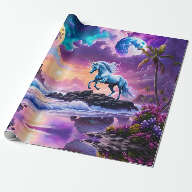 White Unicorn Fantasy Tropical Beach Geschenkpapier (Ungerollt)