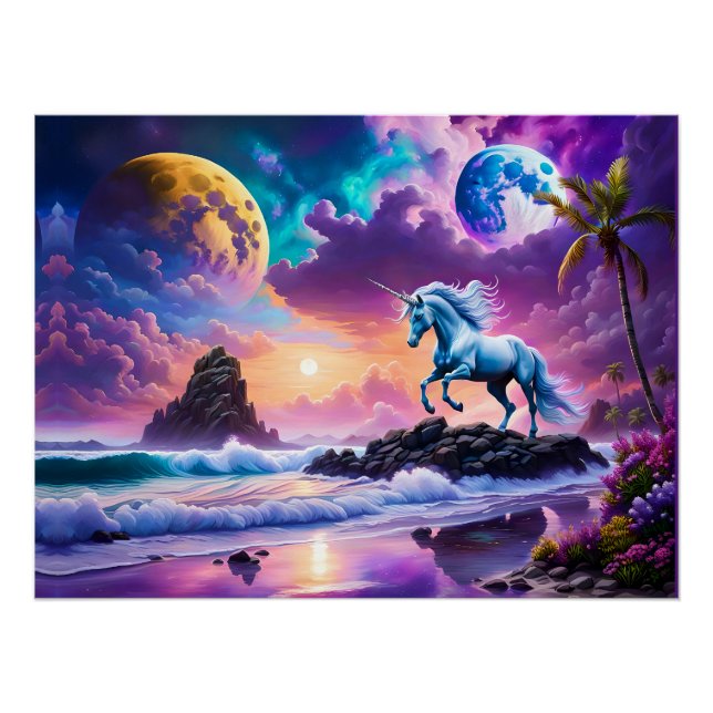 White Unicorn Fantasy Tropical Beach Poster (Vorderseite)
