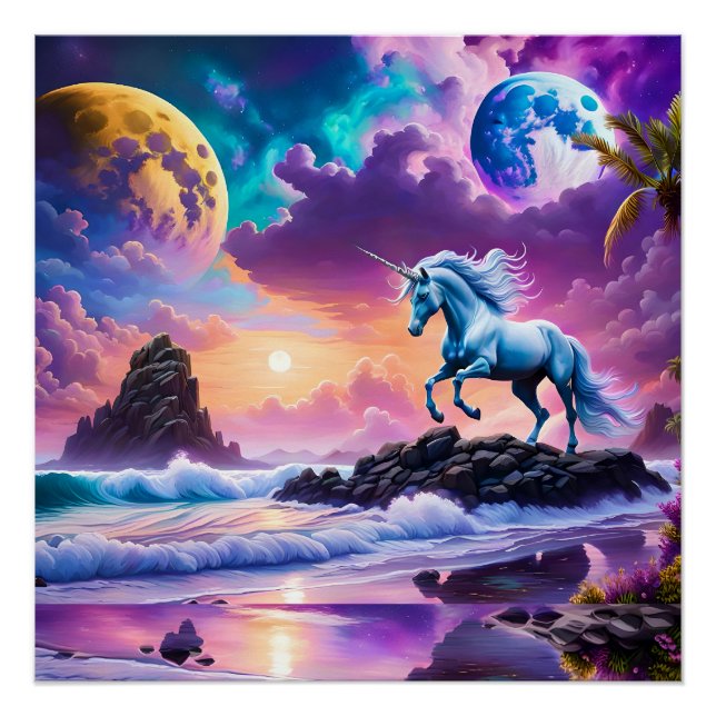 White Unicorn Fantasy Tropical Beach Poster (Vorderseite)