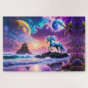 White Unicorn Fantasy Tropical Beach Puzzle