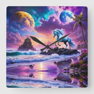 White Unicorn Fantasy Tropical Beach Quadratische Wanduhr