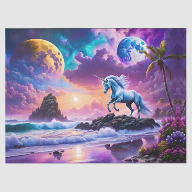 White Unicorn Fantasy Tropical Beach Seidenpapier (Vorderseite)