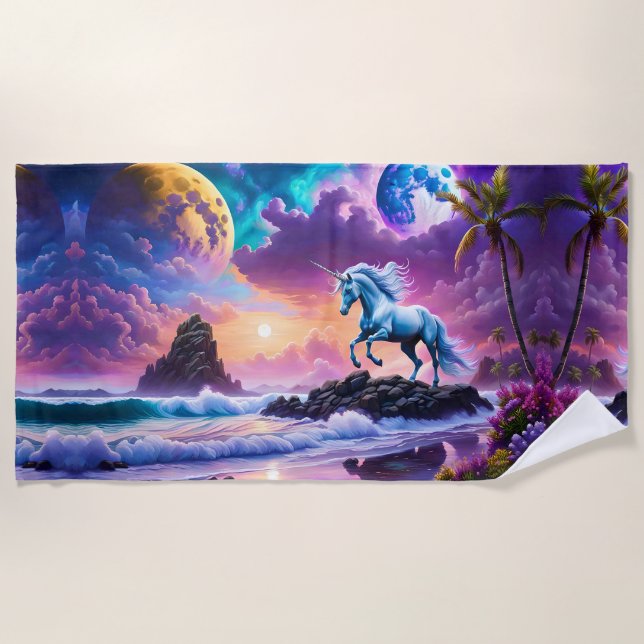 White Unicorn Fantasy Tropical Beach Strandtuch (Vorderseite)