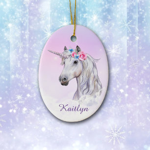 White Unicorn Floral Believe Keramik Ornament