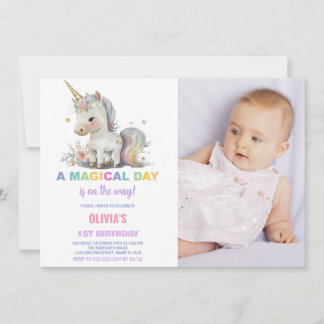 White Unicorn Geburtstag Einladung mit Foto