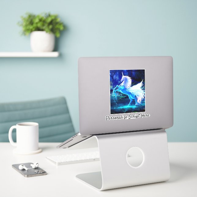 White Unicorn Pegasus Blue Moonlight Square Sticke Aufkleber (Laptop auf Schreibtisch)