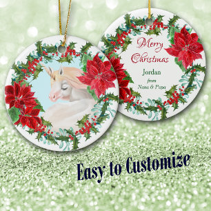 White Unicorn Poinsettia Holly Wreath Keramik Ornament