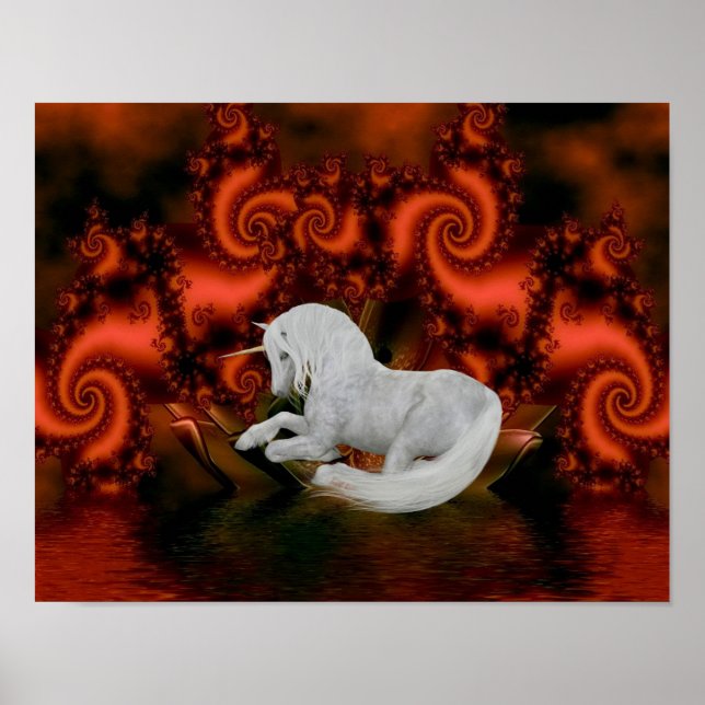 White Unicorn Rote Fraktale Fantasy Horst Art Poster (Vorne)