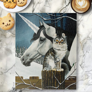 White Unicorn Tabby Cat Fantasy Puzzle