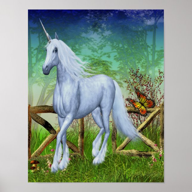 White Unicorn Woodland Tor Fantasy Hornhaut Poster (Vorne)