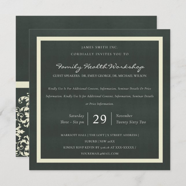 WHITE VELVET BLACK DAMASK CLASSIC WORKSHOP EVENT EINLADUNG (Vorne/Hinten)