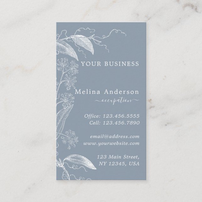 White Vintag Botany Dusty Blue Business Card Visitenkarte (Vorderseite)