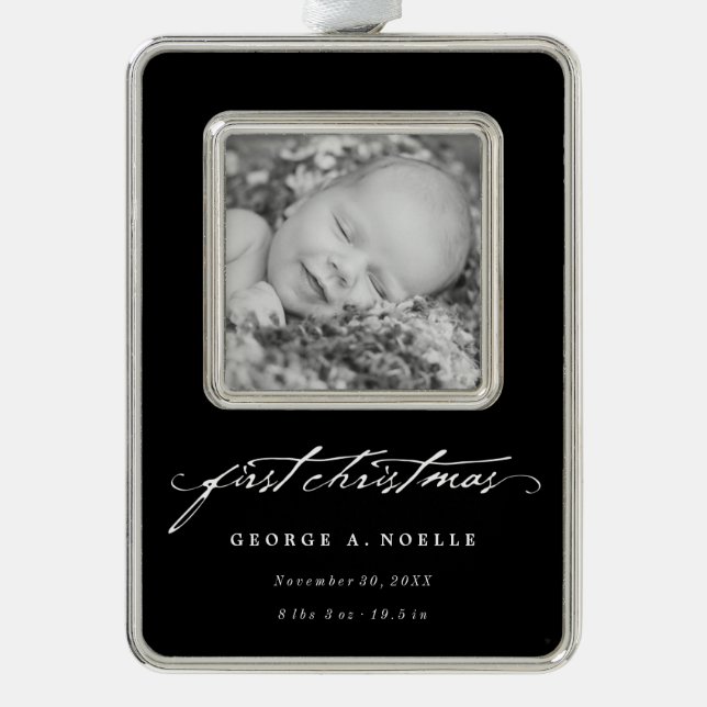 White Vintag Handwriting Baby 1. Foto Weihnachten Rahmen-Ornament Silber (Vorderseite)
