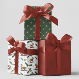 White Vintag Rocking Horse Holly Weihnachten Geschenkpapier Set