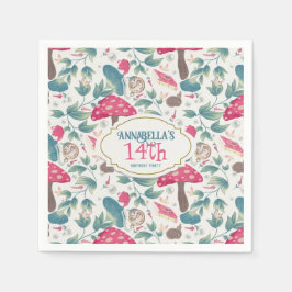 White Vintage Cottagecore Mushroom Birthday Serviette