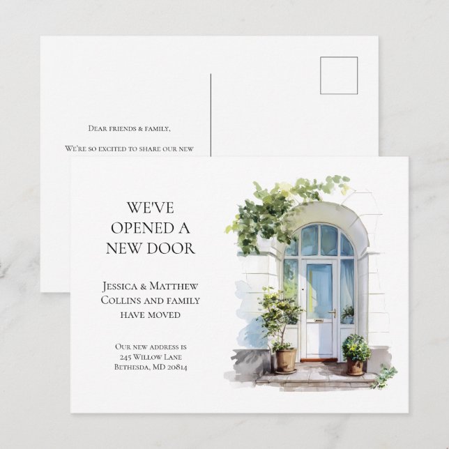 White Watercolor Door New Home Moving Announcement Postkarte (Vorne/Hinten)