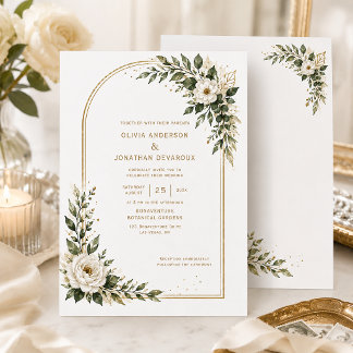 White Watercolor Florals Sage Greenery Gold Arch | Einladung