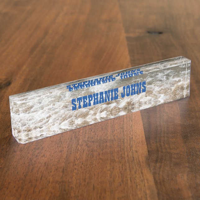 White Waves Monogram Blue Individuelle Name  Namensplakette (Seite)