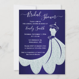 White Wedding Dress on Navy Blue Brautparty Einladung