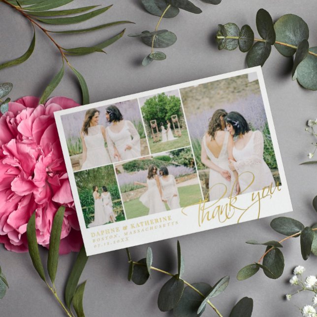 White Wedding Foto Collage Gold Script Vielen Dank Folieneinladung (Von Creator hochgeladen)