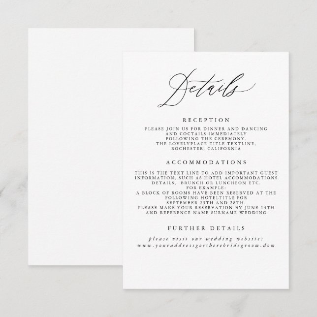 White Wedding Information Enclosure Card Begleitkarte (Vorne/Hinten)