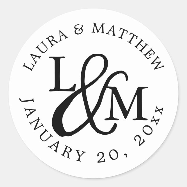 White Wedding Monogram Runder Aufkleber (Vorderseite)