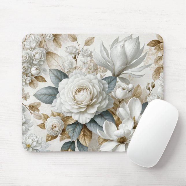 White Wedding Rose Design Mousepad (Mit Mouse)