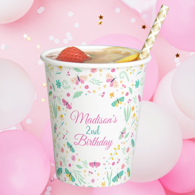 White Whimsical Garden Butterfly Girls Birthday Pappbecher (Von Creator hochgeladen)