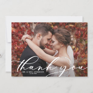 White Whimsical Script Overlay Wedding Foto Dankeskarte