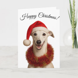 White whippet in Santa hat Christmas Holiday card Feiertagskarte