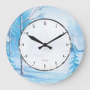 White Whiter Landscape Wasserfarben Illustration Große Wanduhr