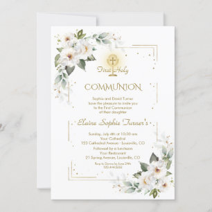 White Wild Rose Gold Glitzer Erste Heilige Kommune Einladung