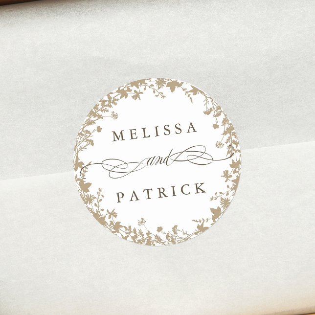 White Wildblume Wreath Silhouette Wedding Tan Runder Aufkleber (Von Creator hochgeladen)