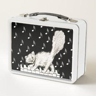 White Winking Cat Fluffy Schwanz auf Piano-Musikno Metall Brotdose