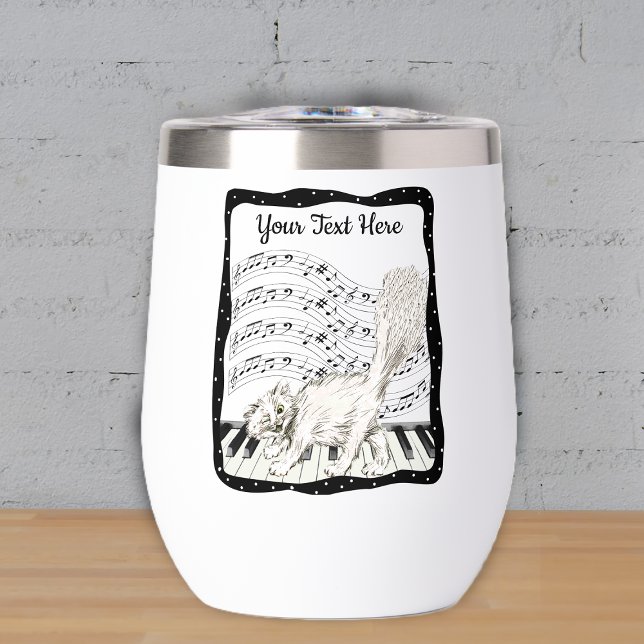White Winking Cat Piano Keys Sheet Music Frame (White winking cat on piano keys music notes in wavy black frame on drink tumbler.)
