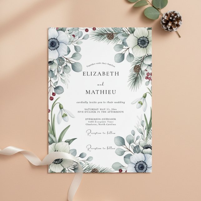 White Winter Botanical Romance Wedding Einladung (Von Creator hochgeladen)