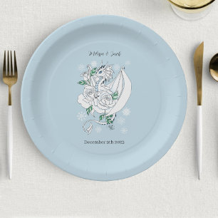 White Winter Dragon Snowflakes Blue Wedding Pappteller