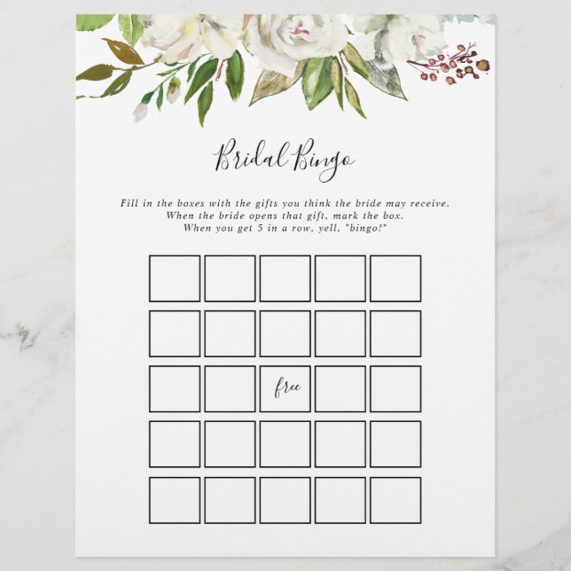 White Winter Peony Floral Bridal Bingo Game (Vorderseite)