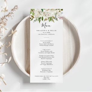 White Winter Peony Floral Dinner Menükarte
