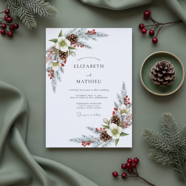 White Winter Pine Bloom Wedding Einladung (Von Creator hochgeladen)